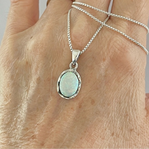 Sterling Silver Wavy White Lab Opal Necklace, October Birthstone Necklaces - Picture 2 of 11